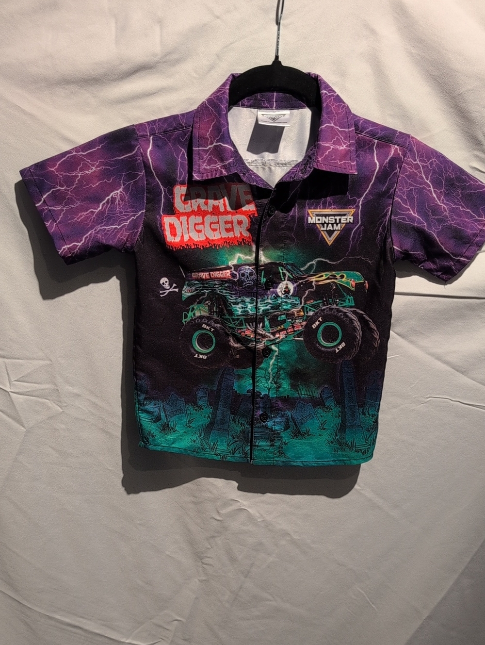 5T Monster Jam Grave Digger Purple & Teal Kids Button-Up Shirt